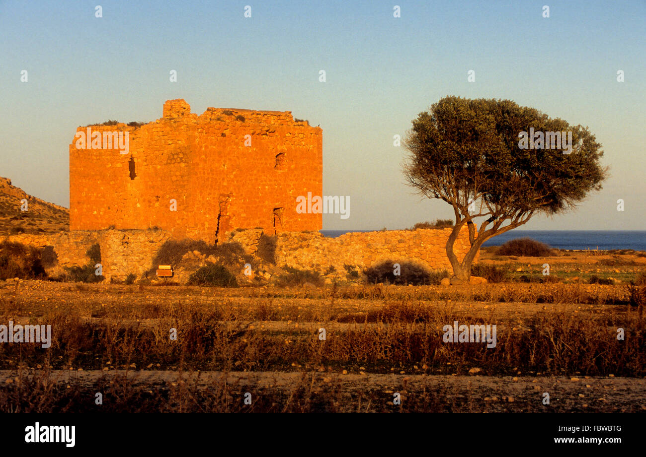 `Torre de los Alumbres´.Arabic fortress. Nazari style. Near `El Playazo´. Cabo de Gata-Nijar Natural Park. Biosphere Reserve, Al Stock Photo